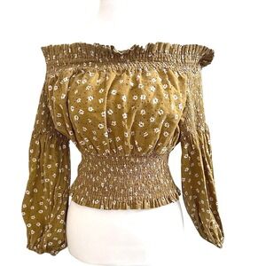 Zara Brown/Green Smocked Off Shoulder Floral Top Size XL Peasant Cottagecore